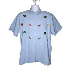 Vintage 80s Embroidered Poker Casino Short Sleeve Shirt Womens XL Blue NEW